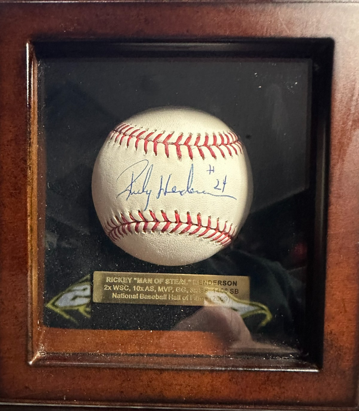 Rickey Henderson Autographed OML Baseball & Custom Wooden Display Case PSA