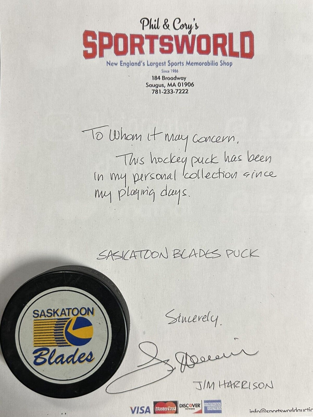 1980's Saskatoon Blades Game Used Puck WHL Jim Harrison Personal Collection