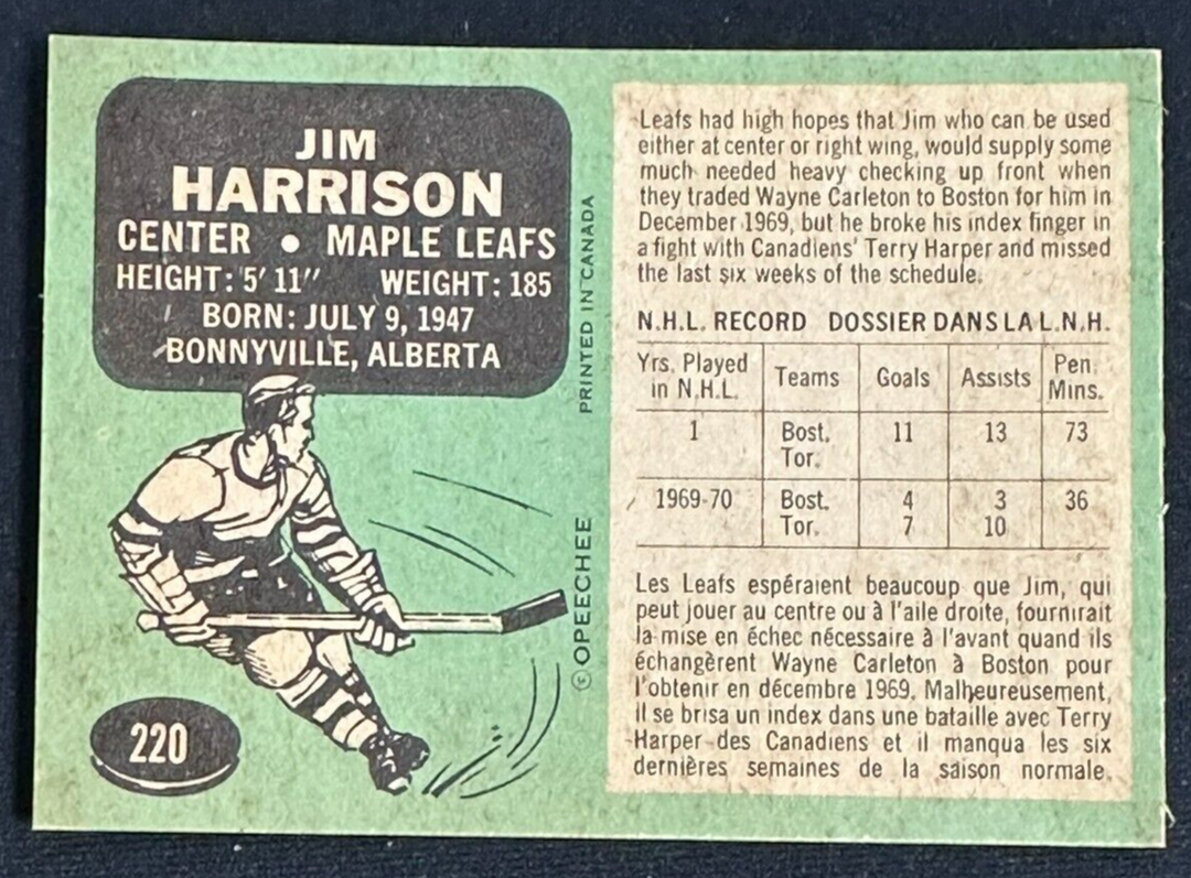 Jim Harrison Autographed 1970-71 O-PEE-CHEE Rookie Card RC #220 Maple Leafs