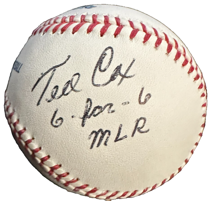 Ted Cox Autographed Official Major League Baseball W/ 6 for 6 MLR Insc Red Sox
