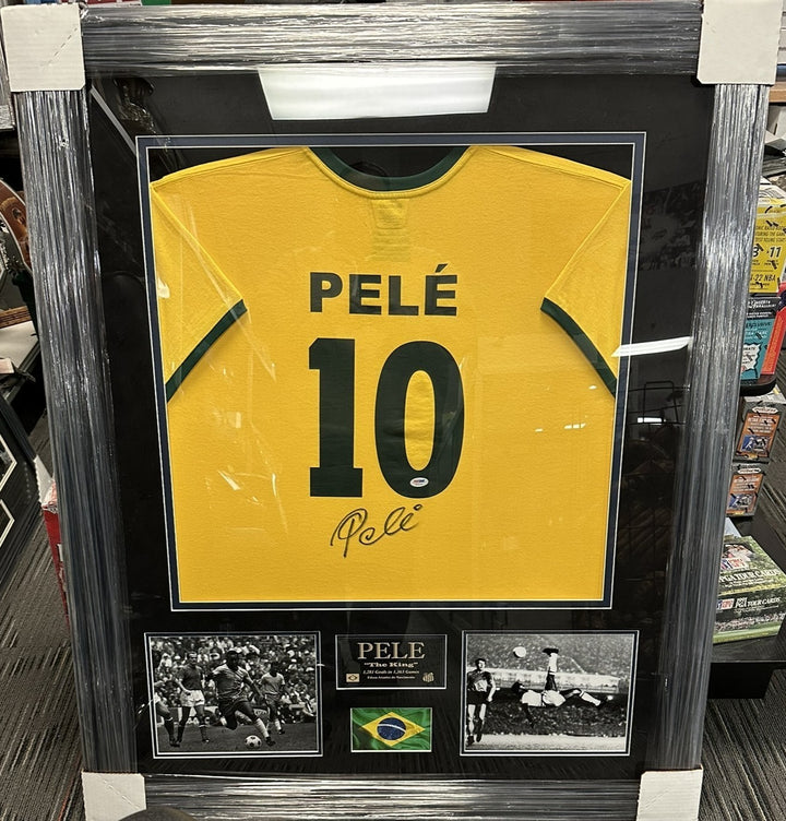 Pele Autographed Brazil Soccer Jersey Framed PSA/DNA