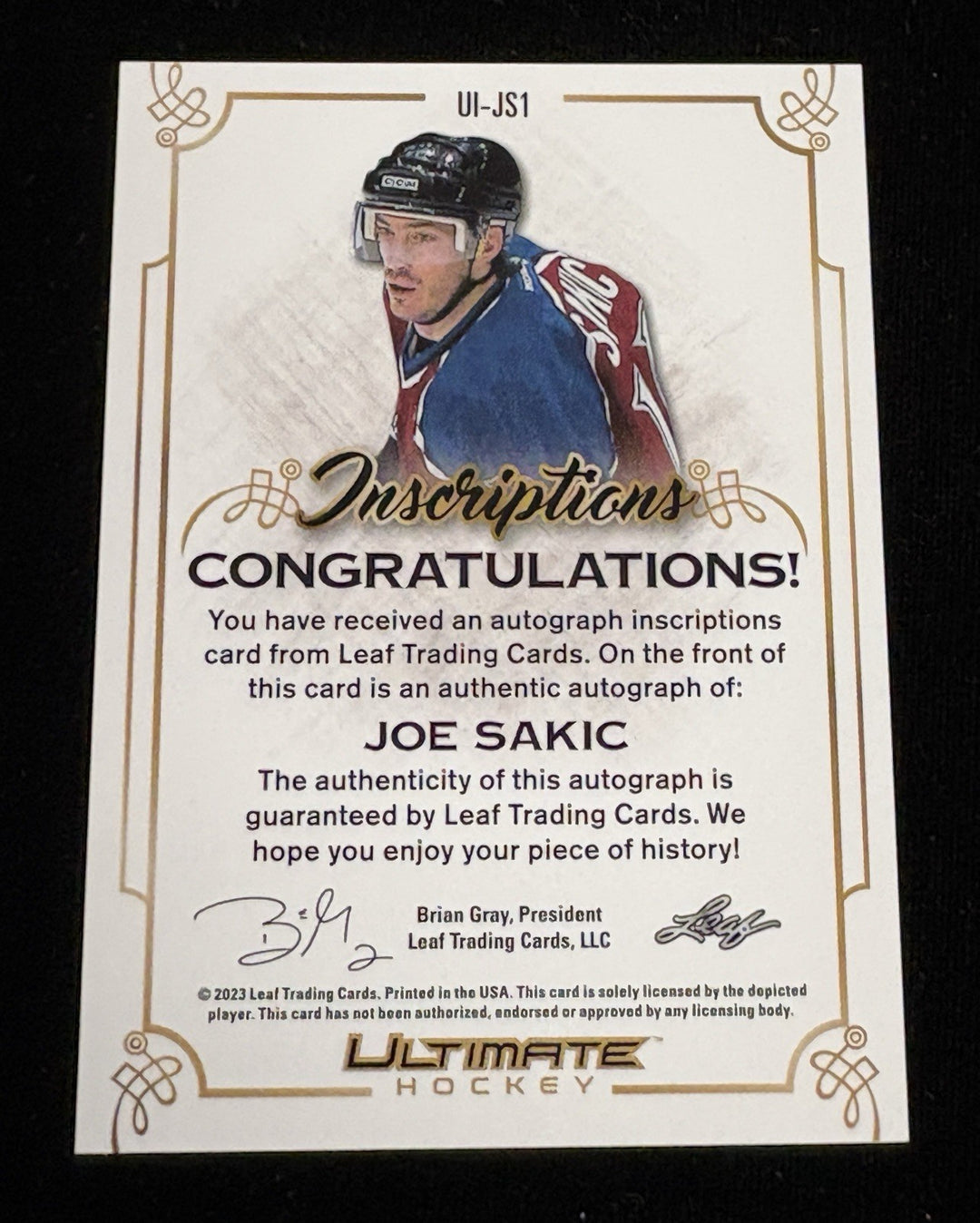 2023 Leaf Ultimate Inscriptions Joe Sakic “Super Joe” 17/25 Avalanche HOF