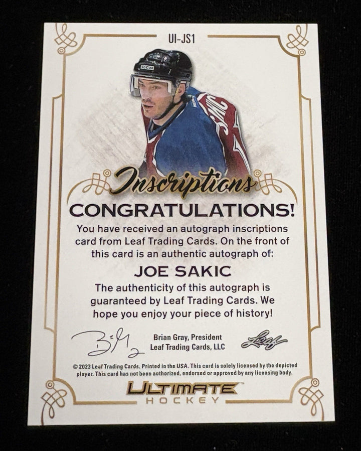 2023 Leaf Ultimate Inscriptions Joe Sakic “Super Joe” 17/25 Avalanche HOF