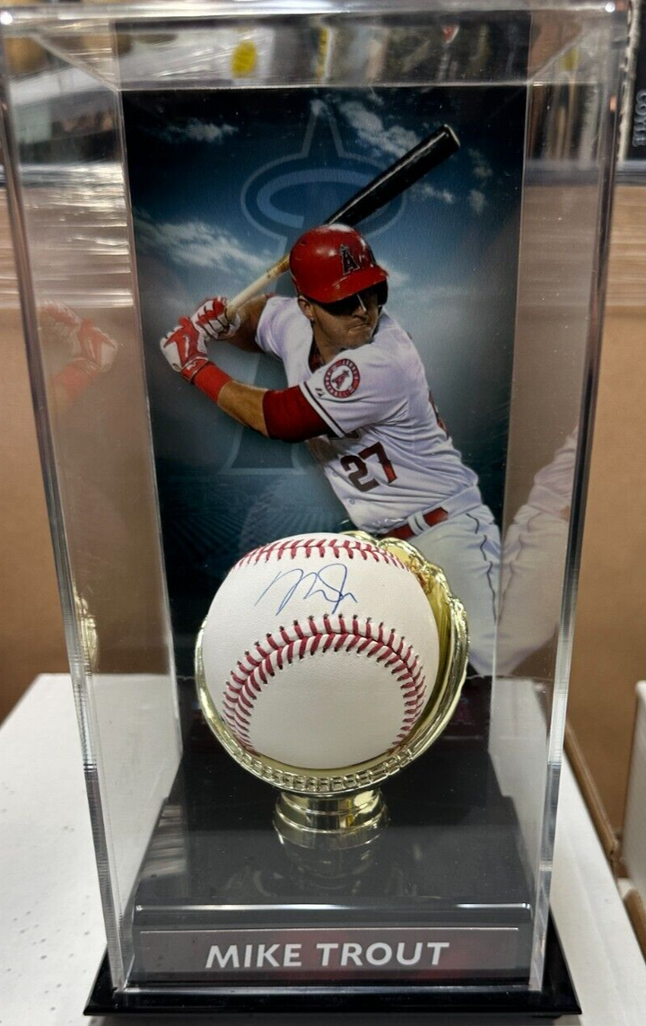 Mike Trout Autographed Rawlings OML Baseball & Display Stand Fanatics MLB