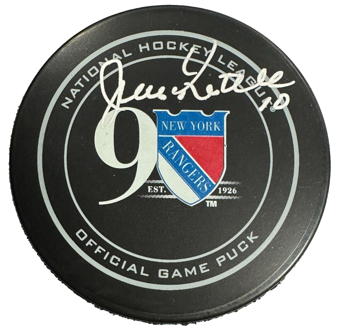 Jean Ratelle Autographed New York Rangers 90th Anniversary Game Puck BAS