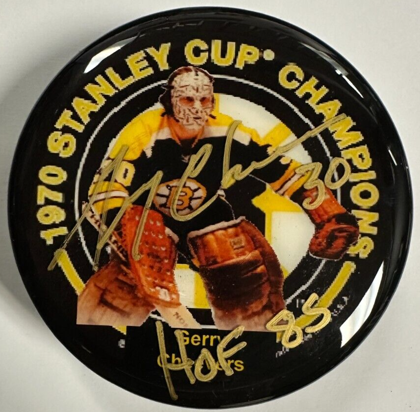 Gerry Cheevers Autographed Boston Bruins 1970 Stanley Cup Champs Photo Puck BAS