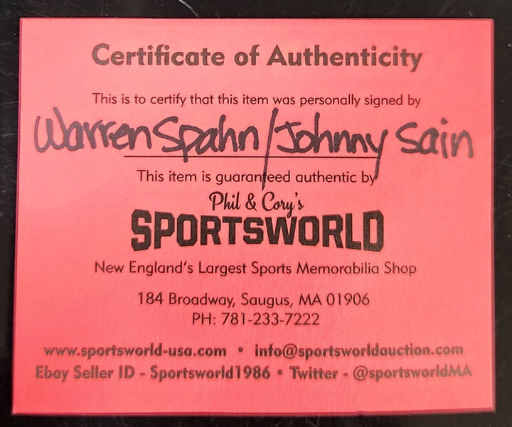 Warren Spahn & Johnny Sain Signed Inscribed  National League Baseball Braves COA