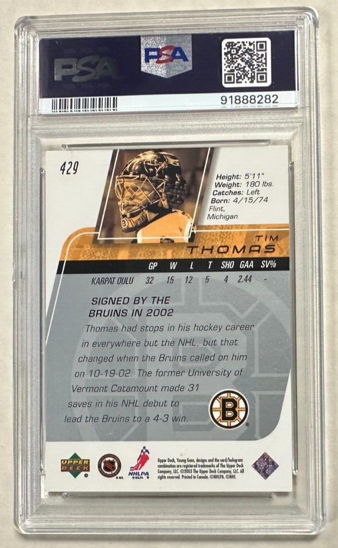 2002 Upper Deck Tim Thomas Young Guns Rookie Card PSA 9 Mint Bruins