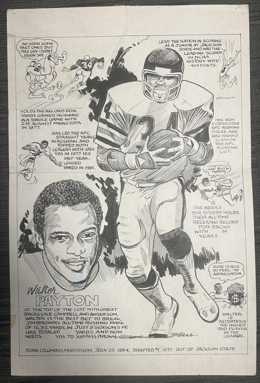 ORIGINAL WALTER PAYTON SKETCH. FAMOUS ARTIST TOM KANE.