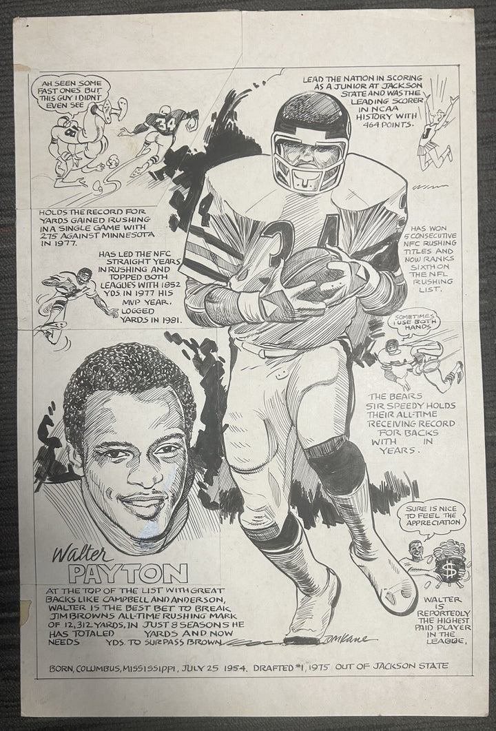ORIGINAL WALTER PAYTON SKETCH. FAMOUS ARTIST TOM KANE.