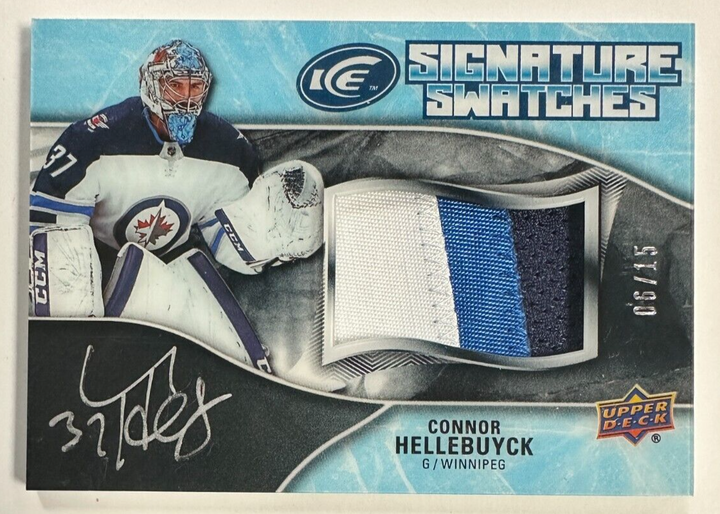 2018-19 UD Ice Signature Swatches Connor Hellebuyck Auto 3 Color Patch 6/15