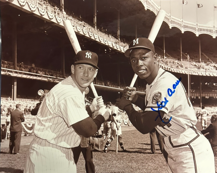 Hank Aaron W/ Mickey Mantle Autographed 11x14Photo HOF Goldin Braves Yankees