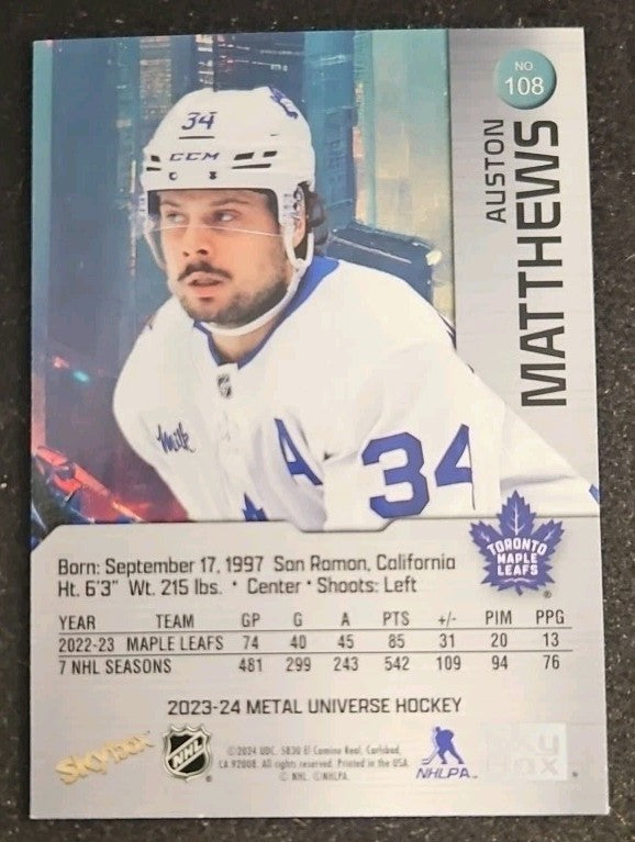 2023-24 Skybox Metal Universe Auston Matthews #108 Precious Metal Gems Green /10