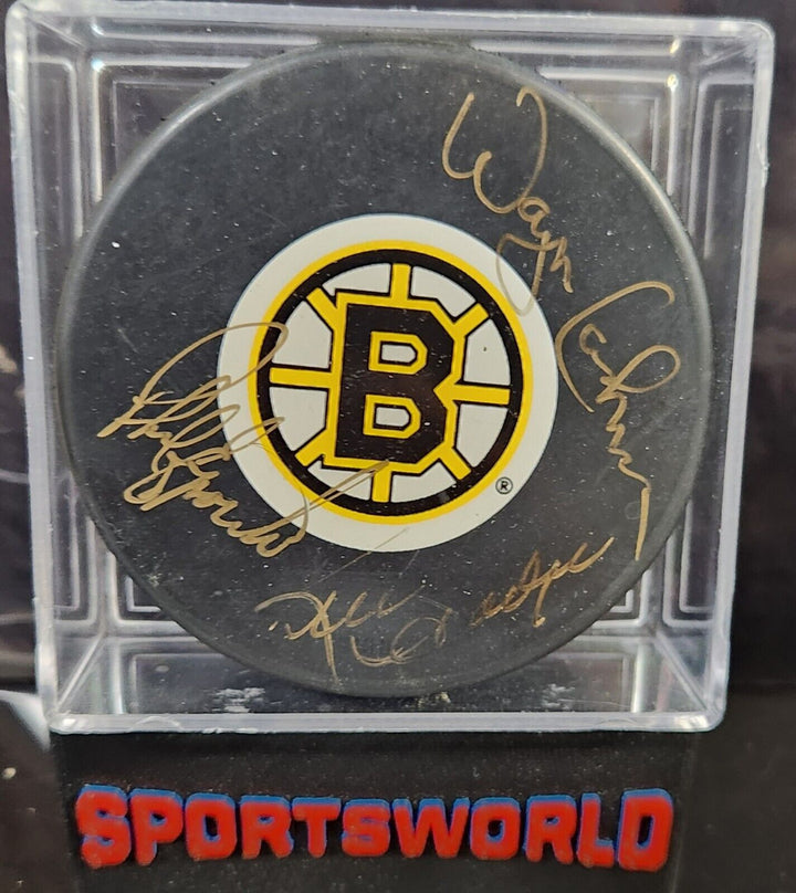 Esposito Line Autographed Bruins Puck Phil Esposito Wayne Cashman & Ken Hodge