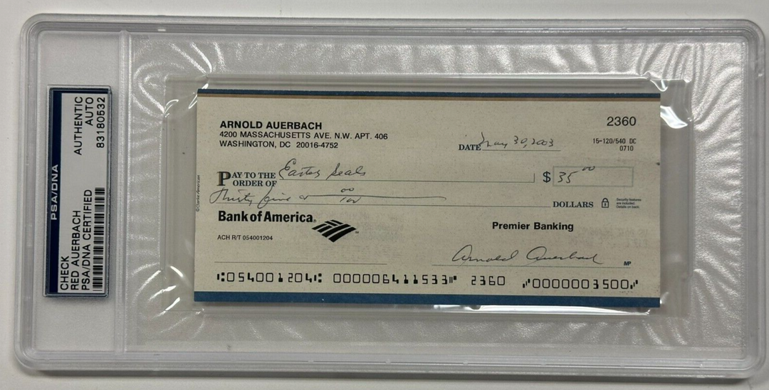 Red Auerbach Autographed Personal Check W/ Full Name PSA/DNA Celtics HOF