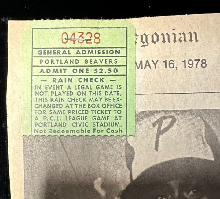 May 15, 1978 Portland Beavers & Tucson Toros Program, Ticket Stub & Clipping