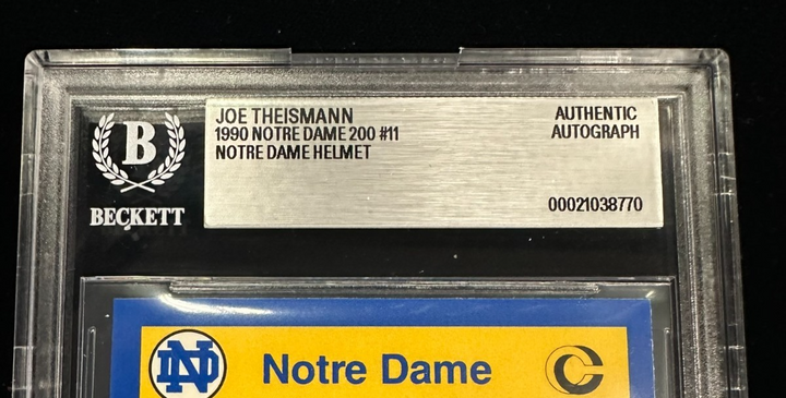 Joe Theismann Autographed 1990 Notre Dame Helmet Card #11 BAS Slabbed