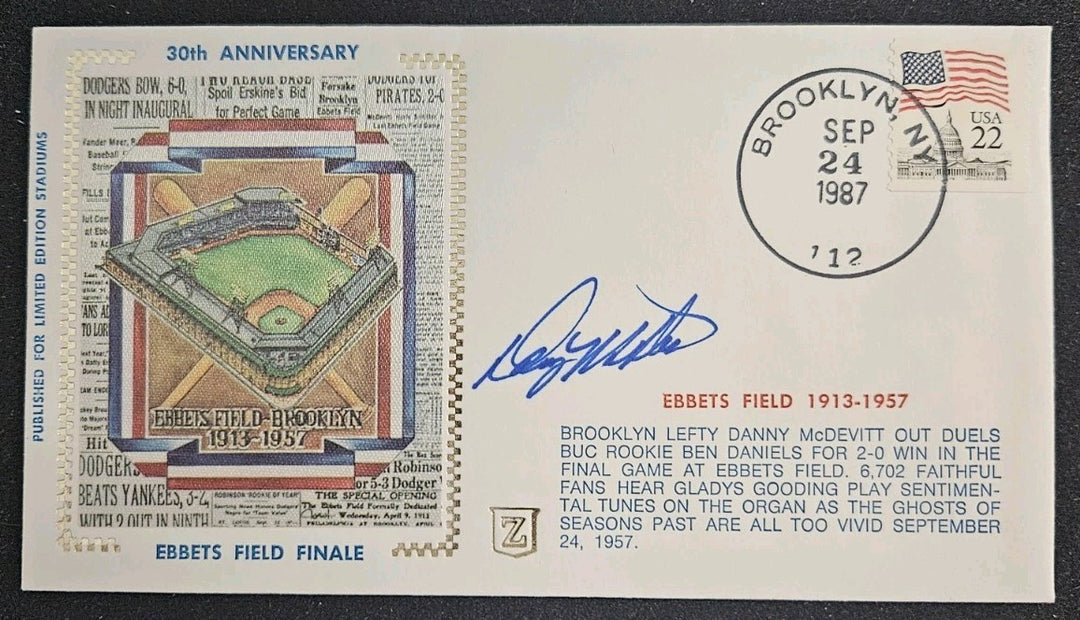 Danny McDevitt Signed 1987 Gateway FDC Cachet 30th Anniversary Ebbets Finale