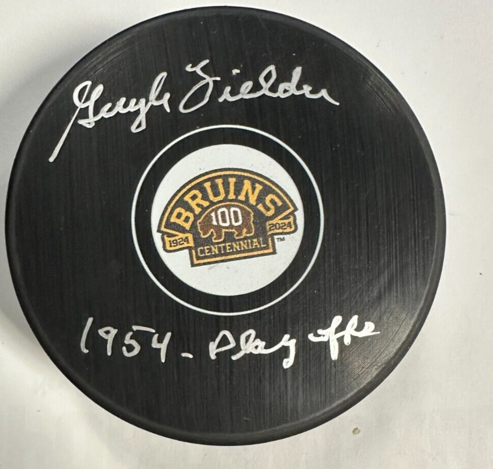 Guyle Fielder Autographed Boston Bruins 100th Anniversary Hockey Puck NHL