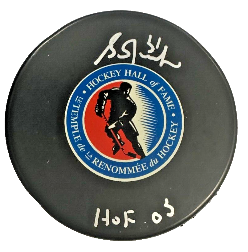 Grant Fuhr Autographed Hockey Hall of Fame Hockey Puck W/ HOF 03 Oilers