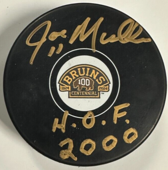 Joe Mullen Autographed Boston Bruins 100th Anniversary Puck W/ HOF 2000