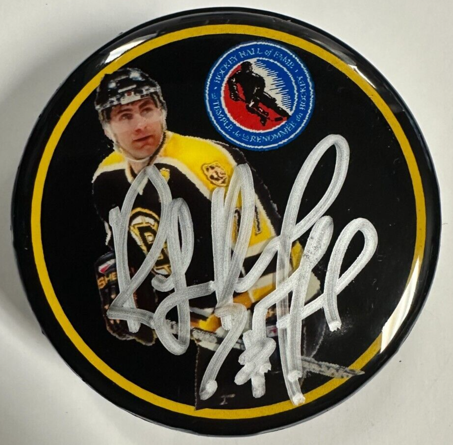 Ray Bourque Autographed Retirement Bruins Photo Puck W/HOF Logo