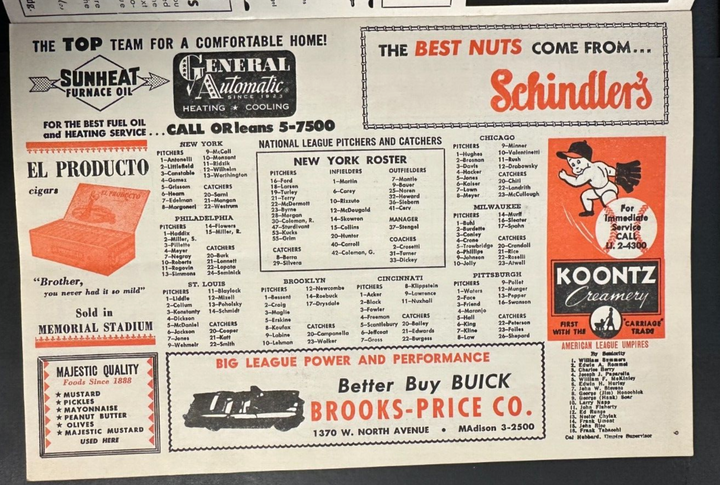 1956 Baltimore Orioles Vs. the New York Yankees Scorecard