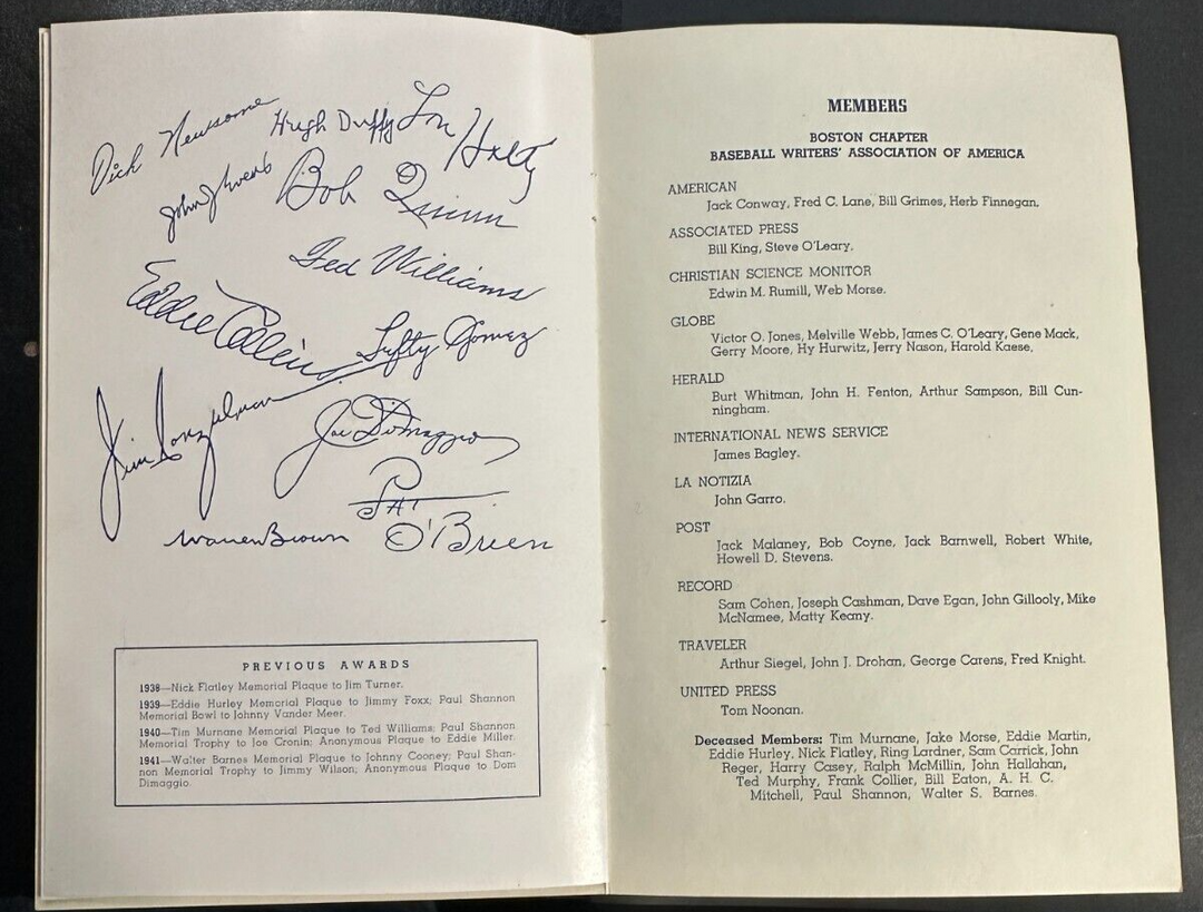 Jan 28, 1942 Sixth Annual Baseball Writers Association of America Dinner Program