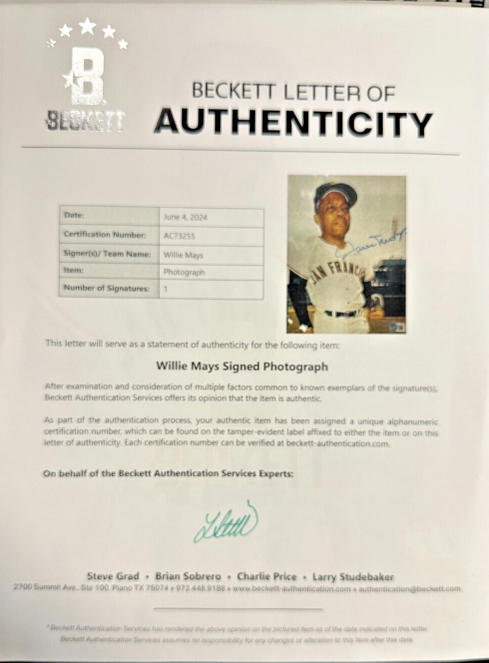 Willie Mays Autographed 8x10 Photo San Francisco Giants BAS HOF