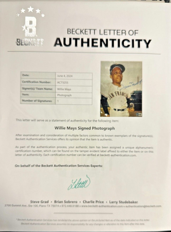 Willie Mays Autographed 8x10 Photo San Francisco Giants BAS HOF