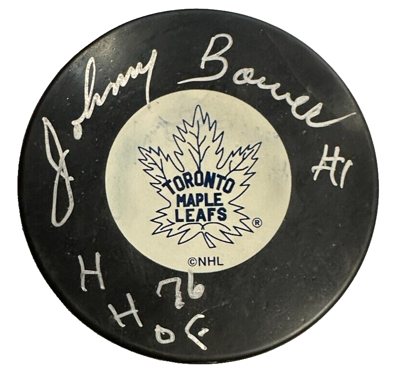 Johnny Bower Autographed Toronto Maple Leafs Hockey Puck W/ HHOF 76