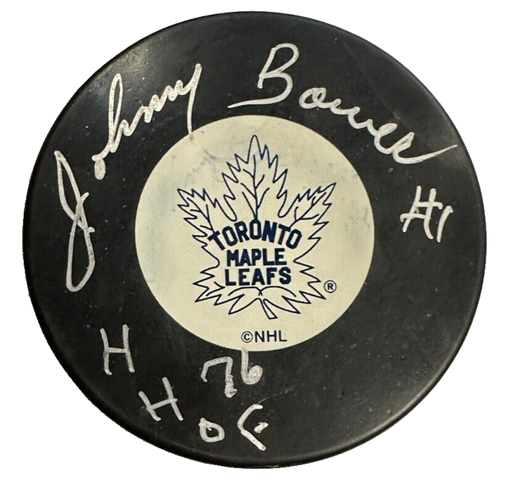 Johnny Bower Autographed Toronto Maple Leafs Hockey Puck W/ HHOF 76