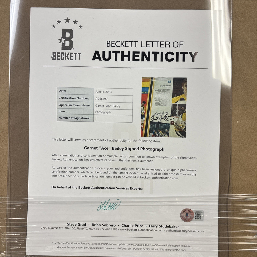 Garnet Ace Bailey Autographed Boston Bruins 1972 Yearbook Page Framed BAS