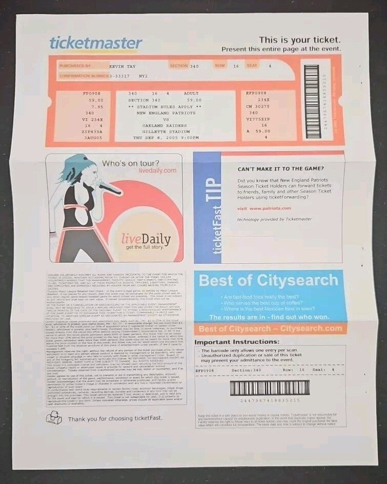 9/8/05 Patriots vs. Raiders Program & Ticket Superbowl Banner Ceremony