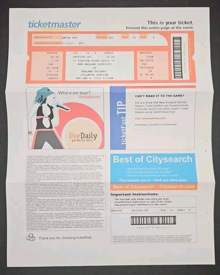 9/8/05 Patriots vs. Raiders Program & Ticket Superbowl Banner Ceremony