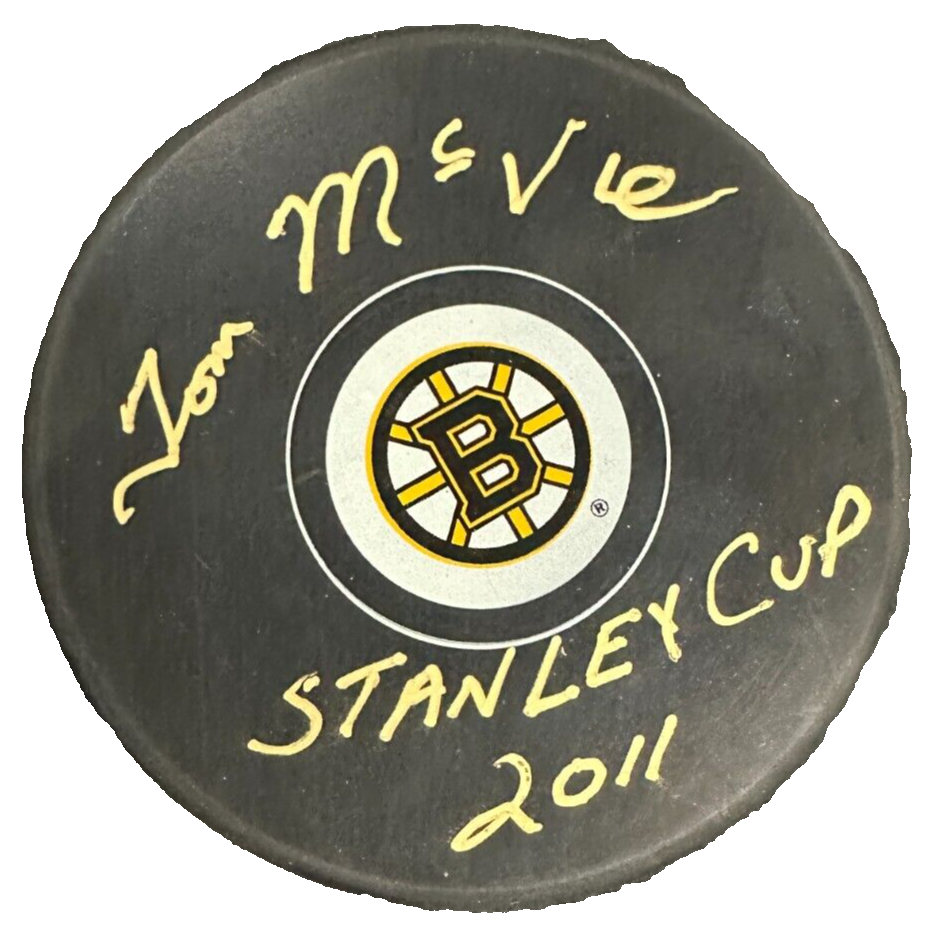 Tom McVie Autographed Boston Bruins Hockey Puck W/ Stanley Cup 2011 Insc.