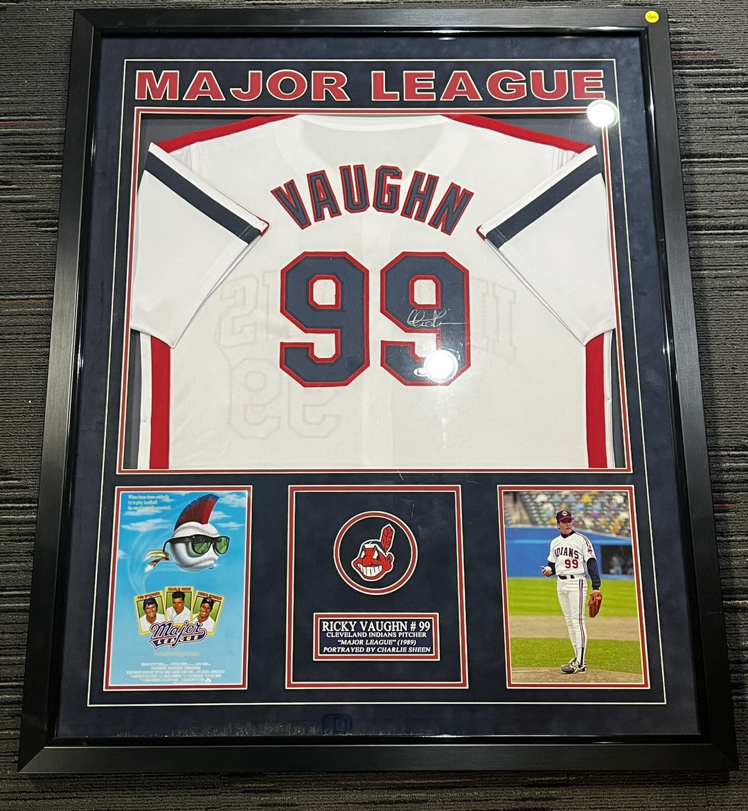 Ricky Vaughn Charlie Sheen Signed Custom Framed Jersey. W/ 2 8x10s BECKETT COA