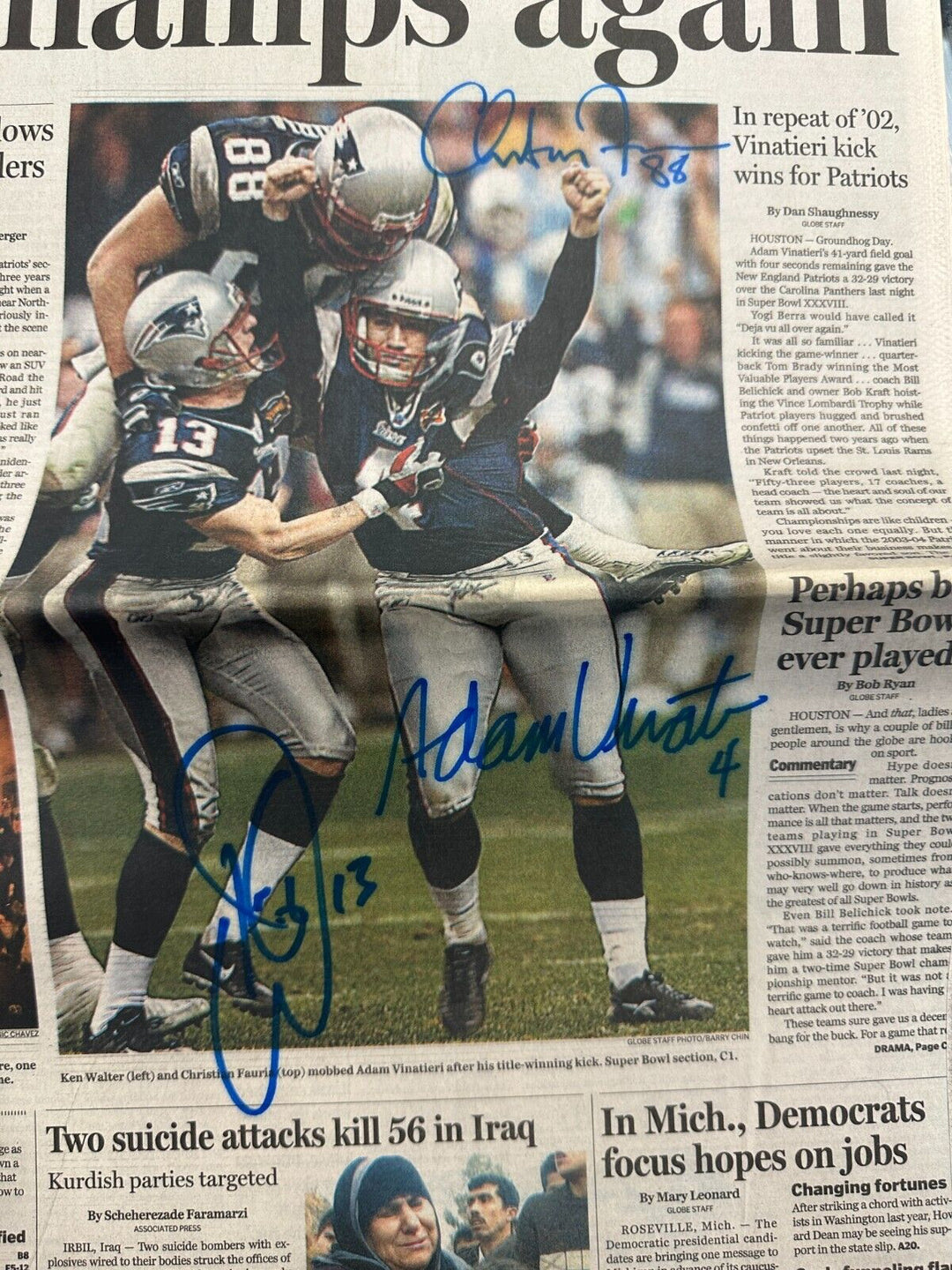 Christian Fauria Adam Vinatieri & Ken Walter Signed Feb 2, 2004 Boston Globe