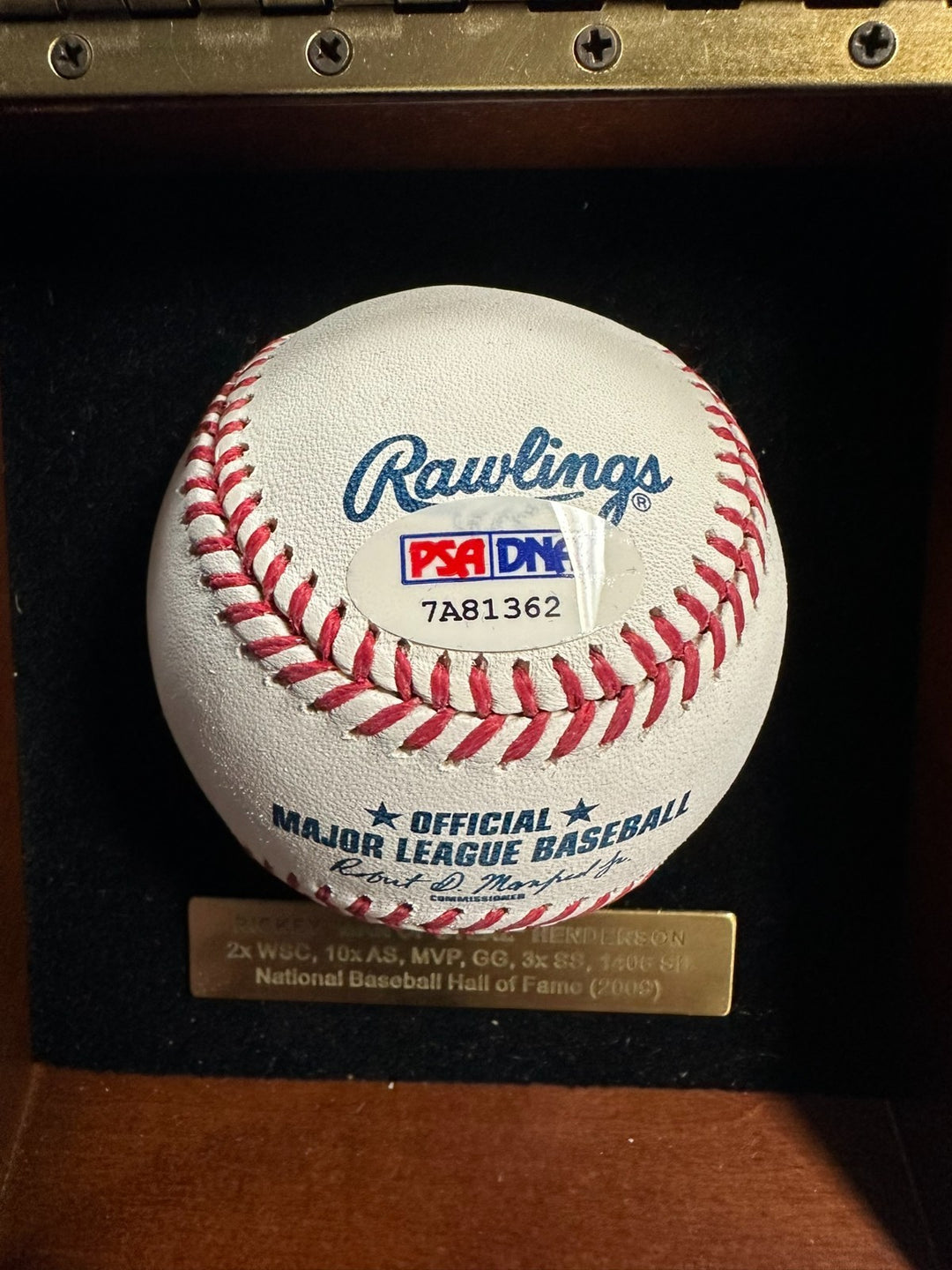 Rickey Henderson Autographed OML Baseball & Custom Wooden Display Case PSA