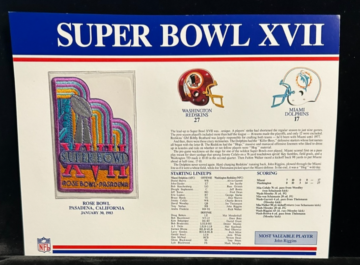 NFL Super Bowl Patch Willabee & Ward Collection SB XVII Redskins Vs Dolphins