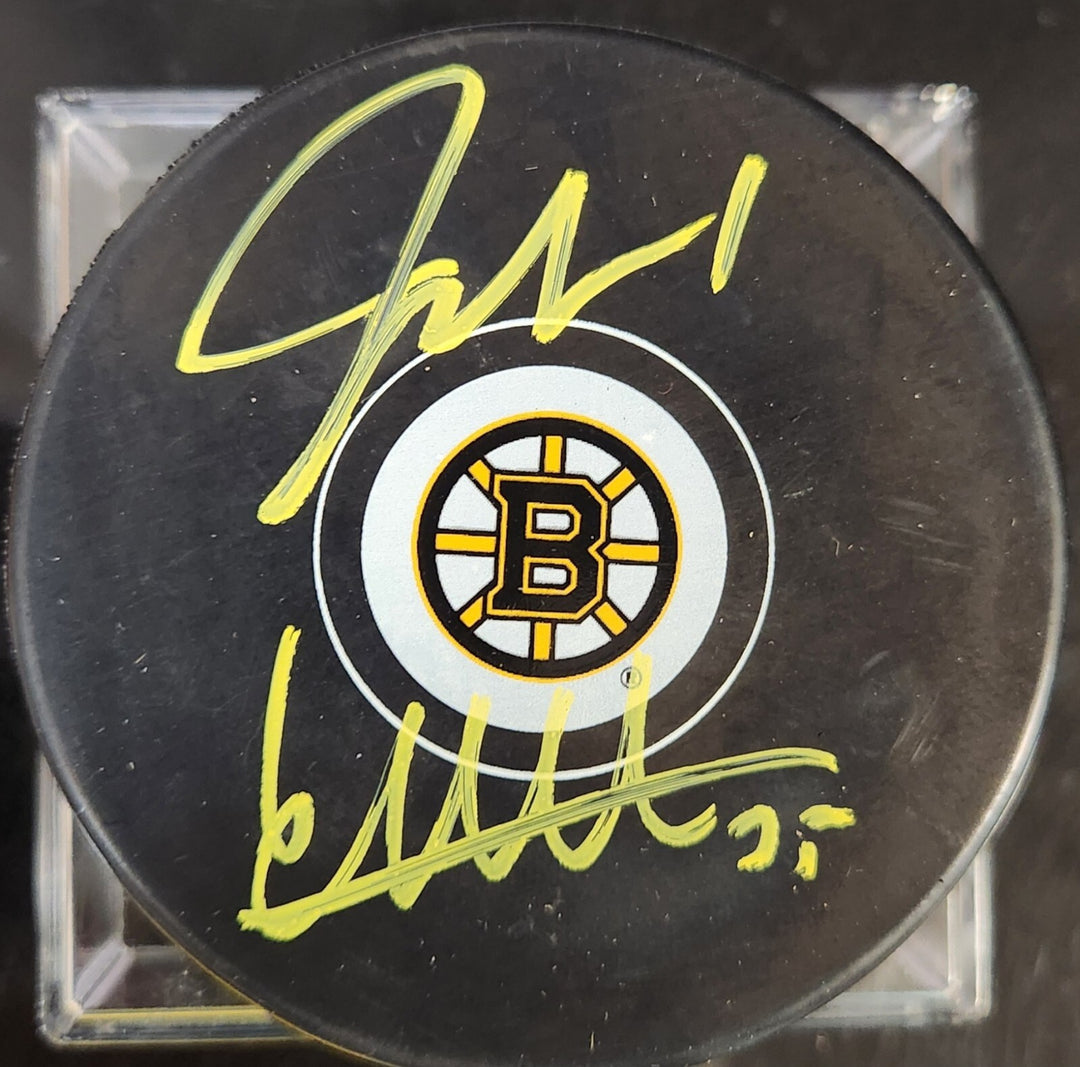 Jeremy Swayman & Linus Ullmark Autographed Boston Bruins Hockey Puck NHL
