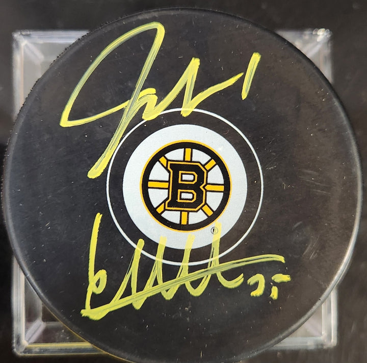 Jeremy Swayman & Linus Ullmark Autographed Boston Bruins Hockey Puck NHL