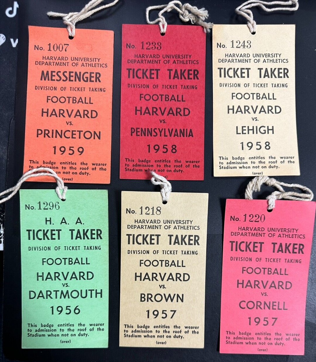 Lot of 6 Vintage Harvard University Football Ticket Taker & Messenger Badges
