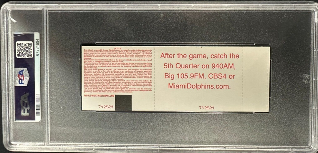 2010 Miami Dolphins & New England Patriots Full Ticket Tom Brady 100th Win PSA 8