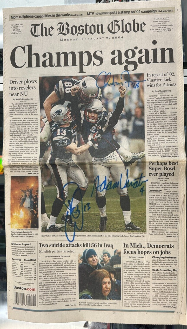 Christian Fauria Adam Vinatieri & Ken Walter Signed Feb 2, 2004 Boston Globe