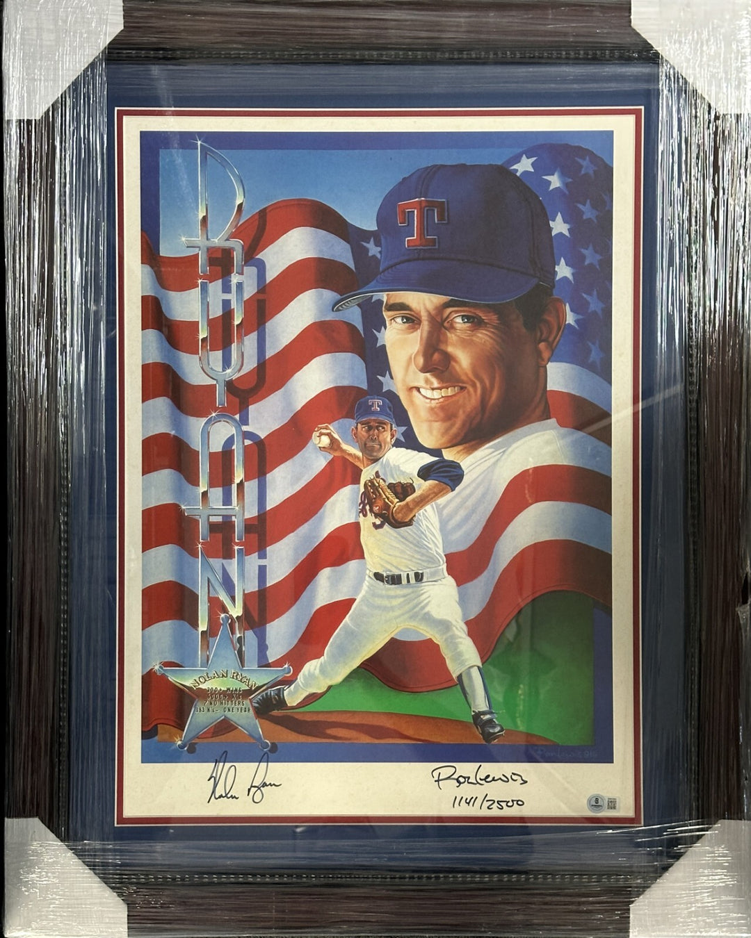 Nolan Ryan & Ron Lewis Autographed Career Stats Print 1141/2500 BAS HOF Rangers