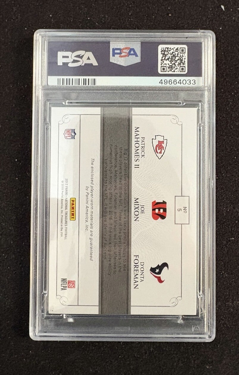 2017 National Treasures Patrick Mahomes/Mixon/Foreman Rookie Gear Gold /10 PSA 8