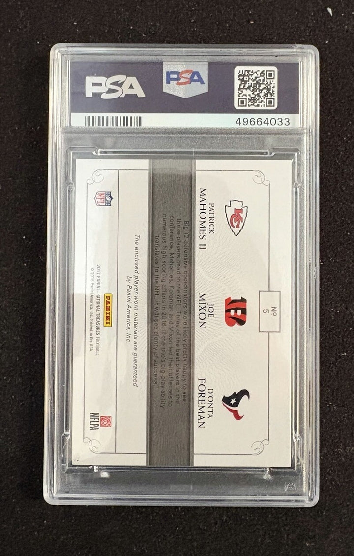 2017 National Treasures Patrick Mahomes/Mixon/Foreman Rookie Gear Gold /10 PSA 8