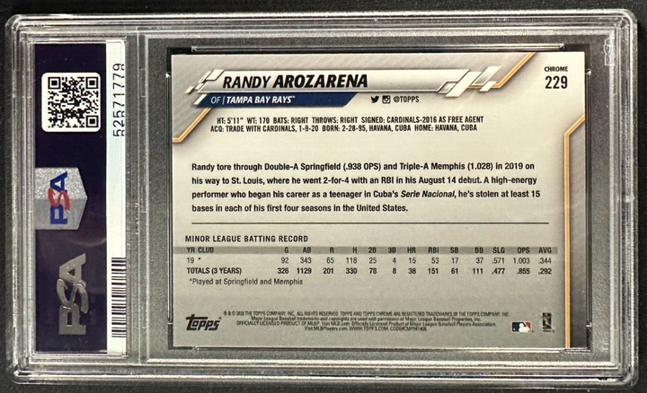 2020 Topps Chrome Randy Arozarena Sapphire Edition Rookie Card #229 PSA 10