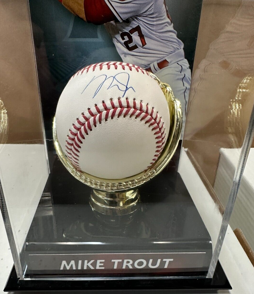 Mike Trout Autographed Rawlings OML Baseball & Display Stand Fanatics MLB